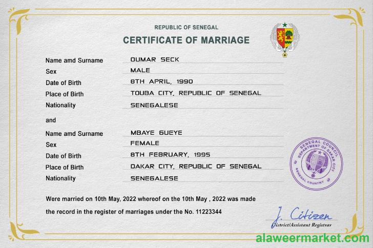 Senegal marriage certificate PSD template